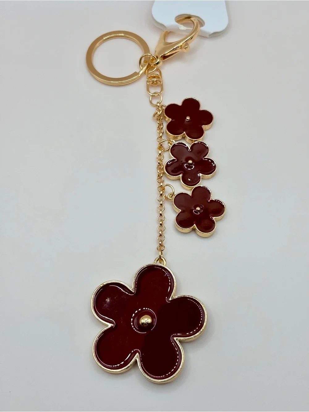 Luxe Gold-Tone Keychain with Burgundy Flower Charms